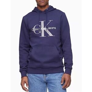 Calvin Klein Hoodie Men's Large Navy Monogram Logo Fleece Lined